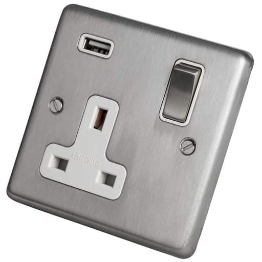 Eurolite 13A 1 Gang Socket with USB Outlet Metal / White Insert Satin Stainless Steel