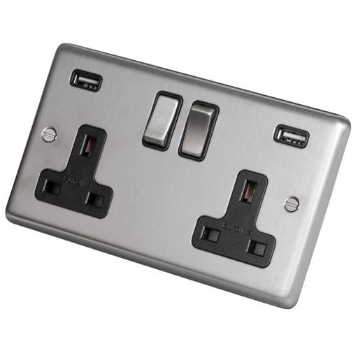 Eurolite 13A 2 Gang Switched Socket Twin USB Metal/Black Insert Satin Stainless Steel