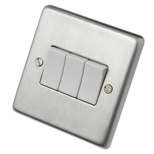 Eurolite 10A 3 Gang 2 Way Light Switch White Insert Satin Stainless Steel