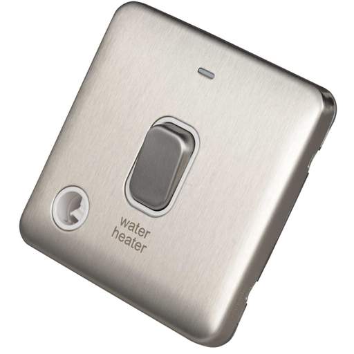 Schneider Lisse Deco 20A DP Switch LED F/Outlet marked Water Heater Screwless White Insert Stainless Steel