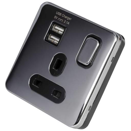 Schneider Lisse Deco 13A 1 Gang Switched Socket with Twin USB Outlets Screwless Black Insert Polished Chrome