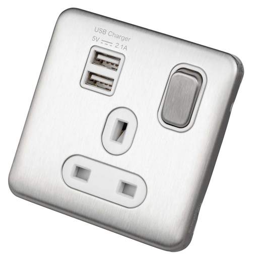 Schneider Lisse Deco 13A 1 Gang Switched Socket with Twin USB Outlets White Insert Stainless Steel