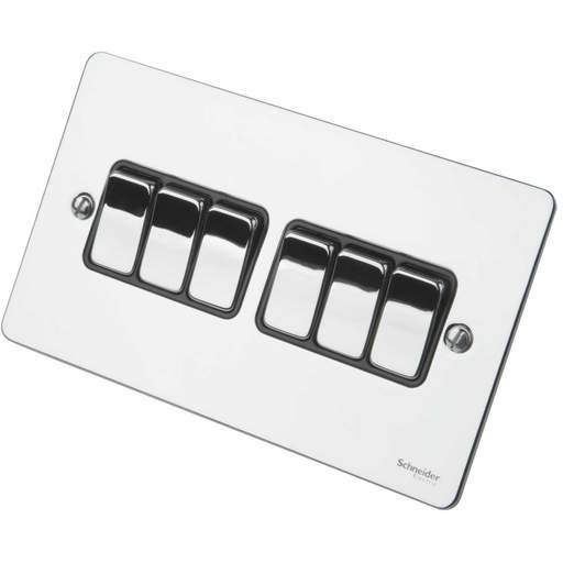 Schneider GET Ultimate 16A 6 Gang 2 Way Switch Black Insert Polished Chrome