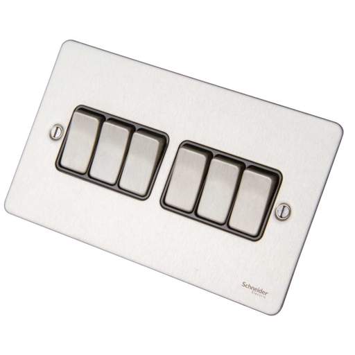 Schneider GET Ultimate Flat Plate 16A 6 Gang 2 Way Switch Black Insert Stainless Steel