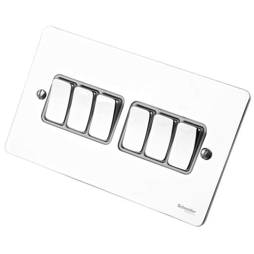 Schneider GET Ultimate 16A 6 Gang 2 Way Switch White Insert Polished Chrome