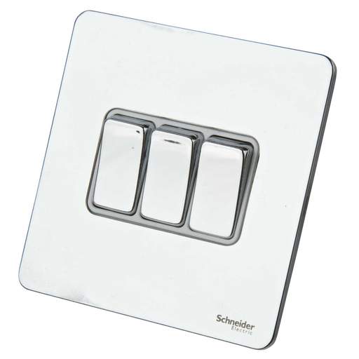 Schneider GET Ultimate 16A 3 Gang 2 Way Screwless Switch White Insert Polished Chrome