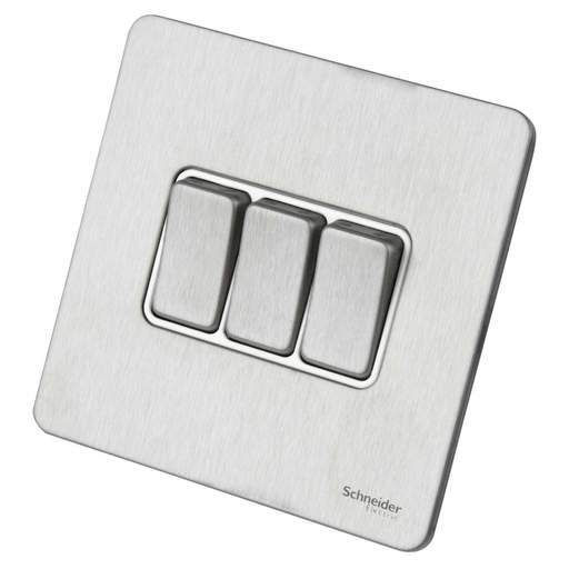 Schneider GET Ultimate 16A 3 Gang 2 Way Screwless Switch White Insert Stainless Steel