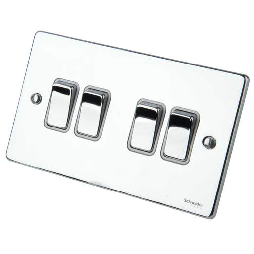 Schneider GET Ultimate 16A 4 Gang 2 Way Switch Polished Chrome White Insert