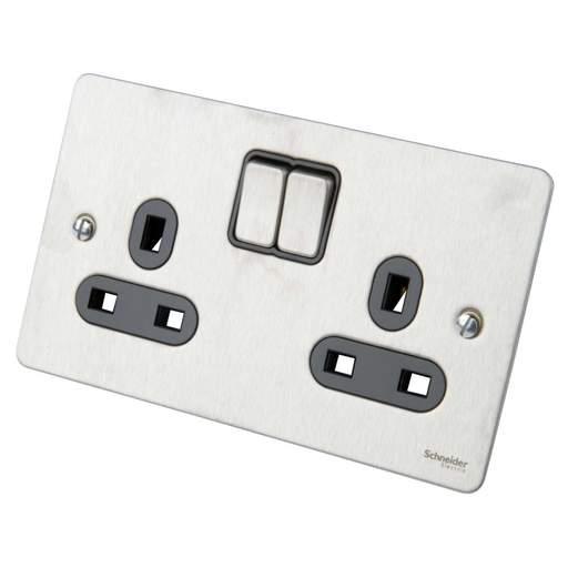 Schneider GET Ultimate Flat Plate 13A DP 2 Gang Switched Socket Black Insert Stainless Steel