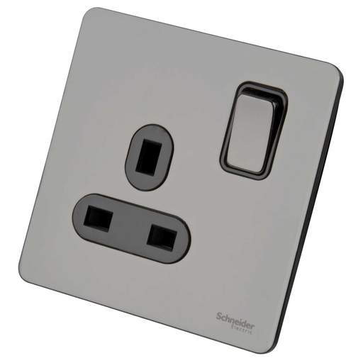Schneider GET Ultimate 13A DP 1 Gang Screwless Switched Socket Black Insert Black Nickel