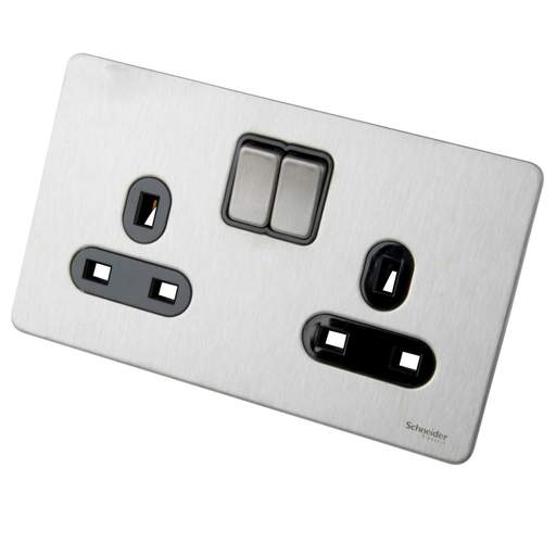 Schneider GET Ultimate 13A DP 2 Gang Screwless Switched Socket Black Insert Stainless Steel