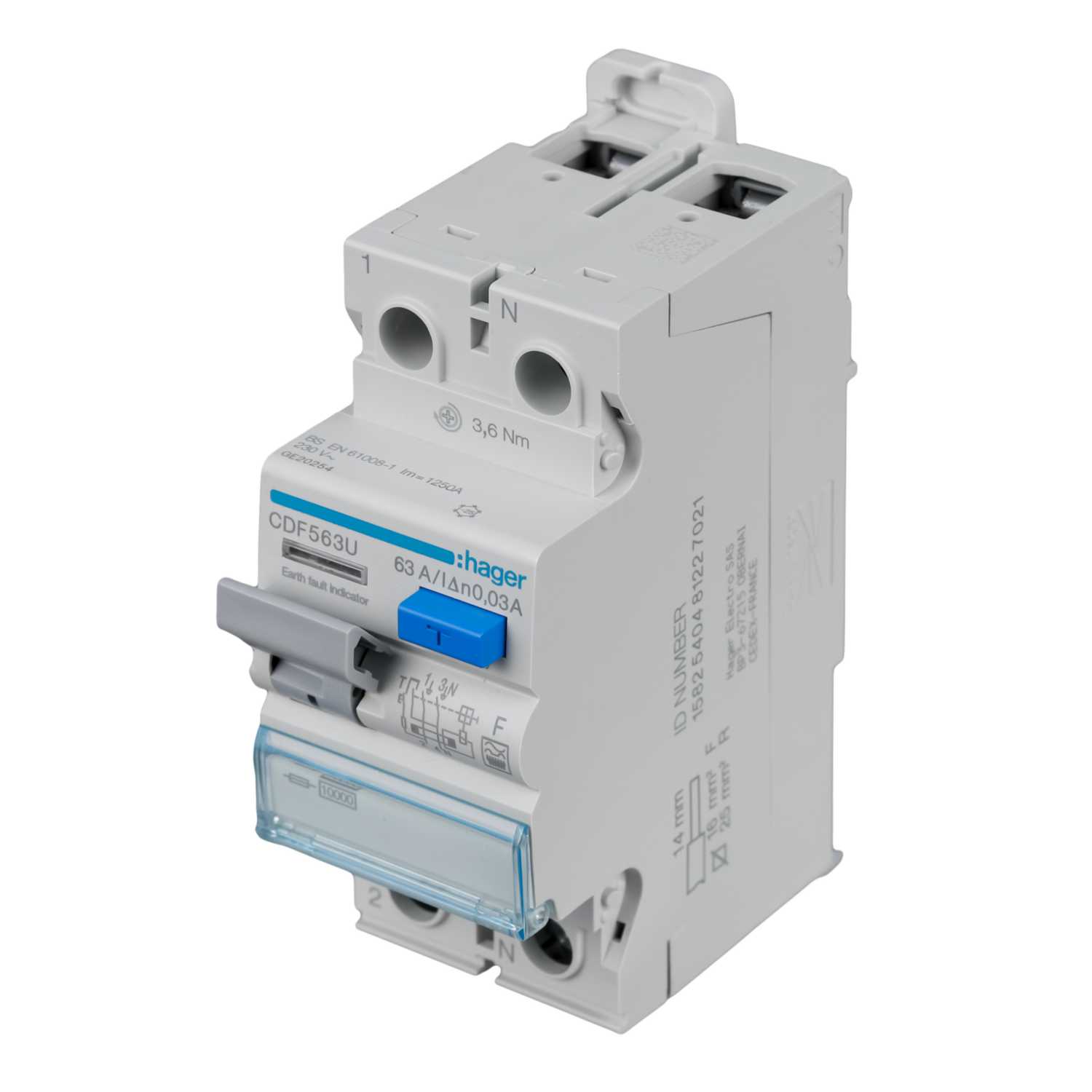 Hager 63A 2 Pole 30mA Type F RCD (CDF563U) | CEF