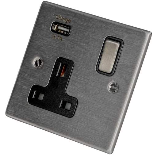 Hamilton 13A 1 Gang Switched Socket with USB Outlet Black Insert Satin Steel