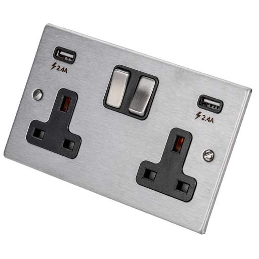 Hamilton 13A 2 Gang Switched Socket with Twin 2.4A USB Outlets Black Insert Satin Steel