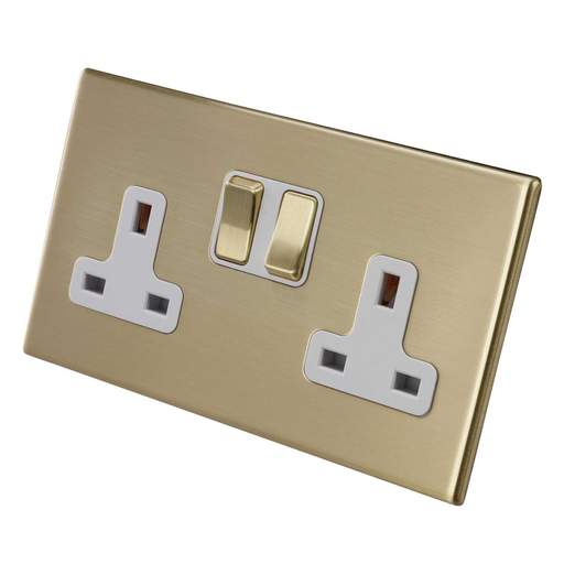 Hamilton 13A DP 2 Gang Switched Socket White Insert Screwless Satin Brass