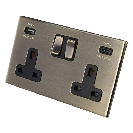 Hamilton 13A 2 Gang Switched Socket with Twin USB Outlets Black Insert Screwless Antique Brass