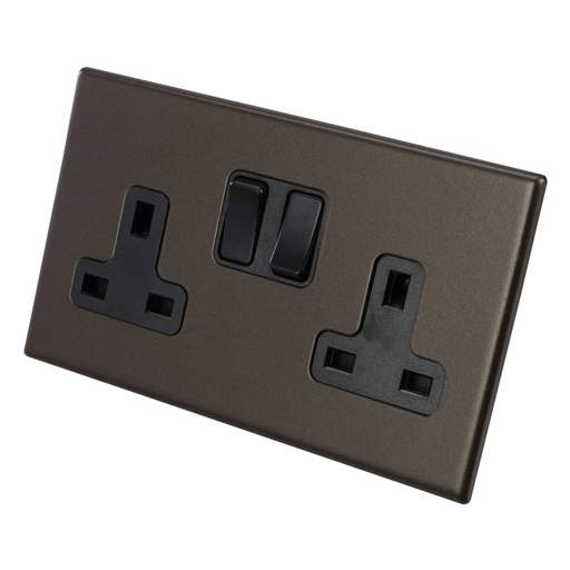 Hamilton 13A DP 2 Gang Switched Socket Black Insert Screwless Bronze