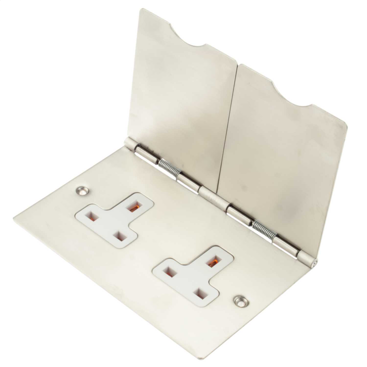 Hamilton 13A 2 Gang Unswitched Floor Socket White Insert Satin Chrome ...
