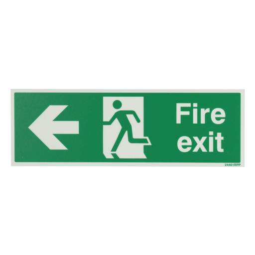 Industrial Signs 300mm x 100mm Fire Exit Arrow Left Rigid PVC Photoluminescent Sign