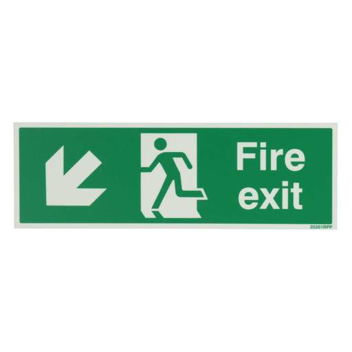 Industrial Signs 300mm x 100mm Fire Exit Arrow Down and Left Rigid PVC Photoluminescent Sign