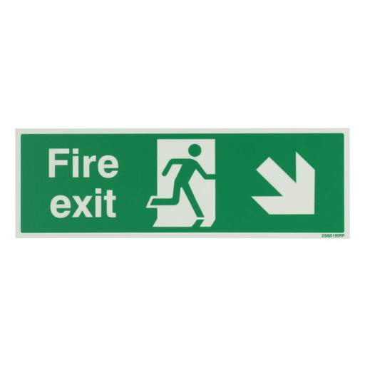 Industrial Signs 300mm x 100mm Fire Exit Arrow Down and Right Rigid PVC Photoluminescent Sign