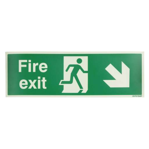 Industrial Signs 300mm x 100mm Fire Exit Arrow Down and Right Self Adhesive Photoluminescent Sign
