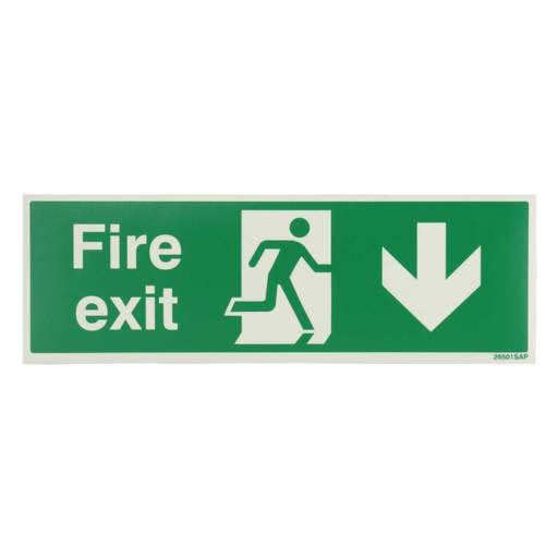 Industrial Signs 300mm x 100mm Fire Exit Arrow Down Self Adhesive Vinyl Photoluminescent Sign
