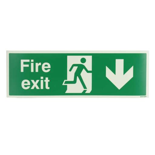 Industrial Signs 450mm x 150mm Fire Exit Arrow Down Self Adhesive Vinyl Photoluminescent Sign