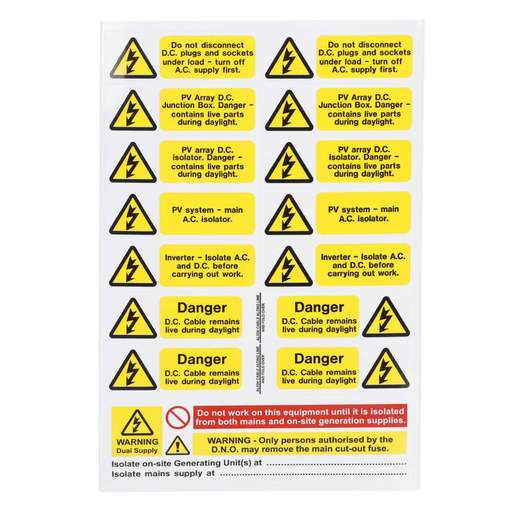 Industrial Signs Solar PV Array Self Adhesive Vinyl Label Set