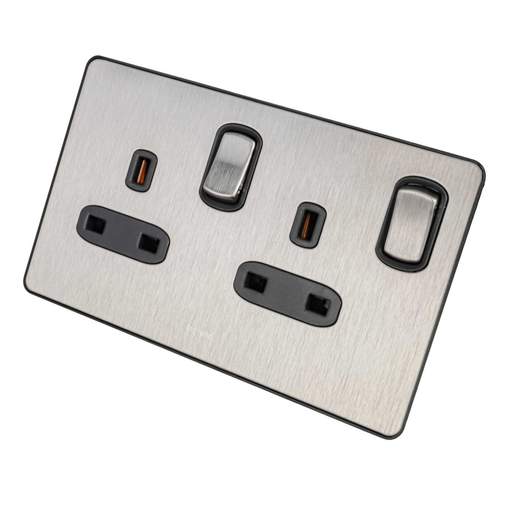 Legrand 13A DP 2 Gang Switched Socket Black Insert Brushed Stainless Steel