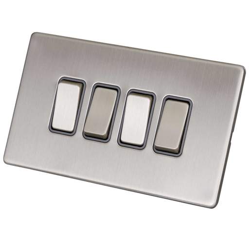 LGA Selectric 10A 4 Gang 2 Way Light Switch Screwless Grey Insert Satin Chrome