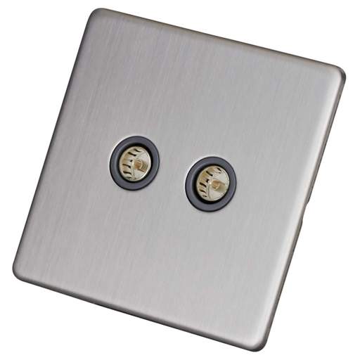LGA Selectric 1 Gang Twin Coaxial Socket Screwless Grey Insert Satin Chrome