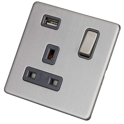 LGA Selectric 13A 1 Gang Switched Socket with USB Outlet Screwless Grey Insert Satin Chrome