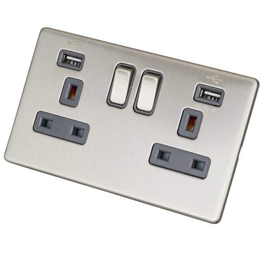 LGA Selectric 13A 2 Gang Switched Socket with USB Outlet Screwless Grey Insert Satin Chrome