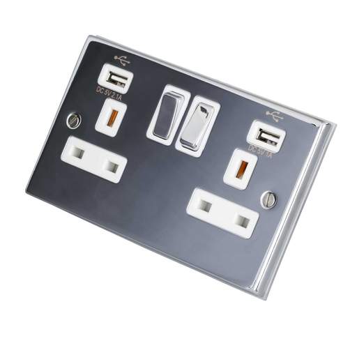 LGA Selectric 7M-Pro 13A 2 Gang Switched Socket Twin USB Metal / White Insert Polished Chrome