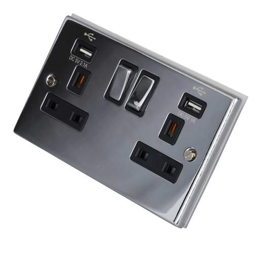 LGA Selectric 7M-Pro 13A 2 Gang Switched Socket Twin USB Metal / Black Insert Polished Chrome