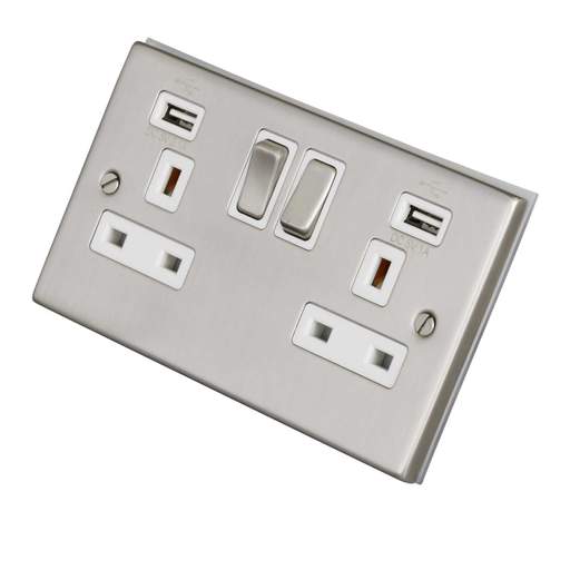 LGA Selectric 7M-Pro 13A 2 Gang Switched Socket Twin USB Metal / White Insert Satin Chrome