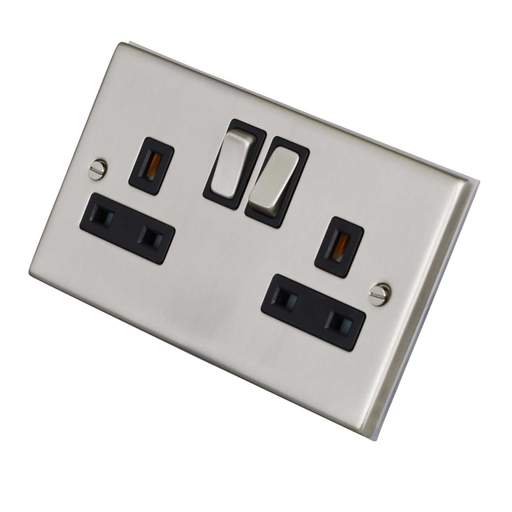LGA Selectric 7M-Pro 13A DP 2 Gang Switched Socket Metal / Black Insert Satin Chrome