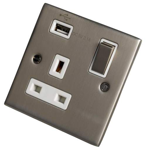 LGA Selectric 5M 13A 1 Gang Switched Socket with USB Outlet Metal / White Insert Satin Chrome