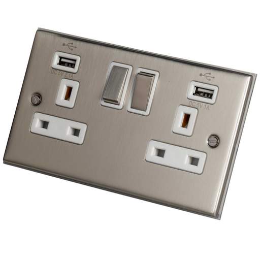 LGA Selectric 5M 13A 2 Gang Switched Socket Twin USB Outlets Metal / White Insert Satin Chrome