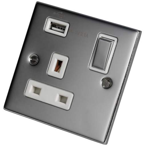 LGA Selectric 5M 13A 1 Gang Switched Socket USB Outlet Metal / White Insert Polished Chrome