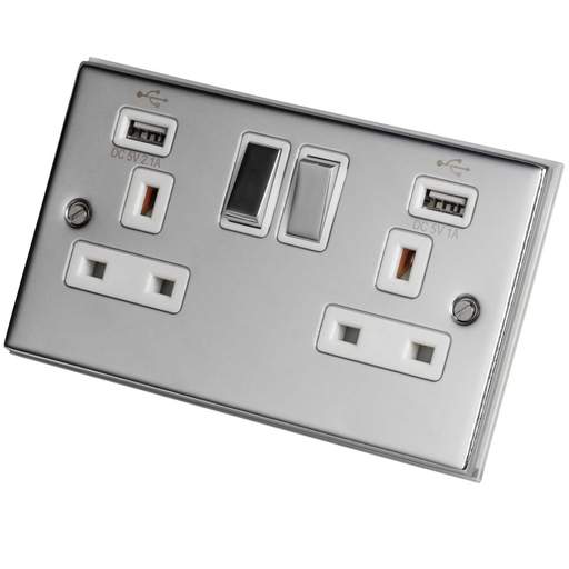 LGA Selectric 5M 13A 2 Gang Switched Socket Twin USB Metal / White Insert Polished Chrome