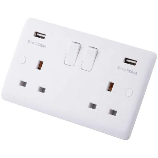 M2 Slimline 13A 2 Gang Switched Socket with Twin USB Outlets White
