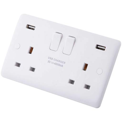 M2 Slimline 13A 2 Gang Switched Socket with Twin USB Outlets White