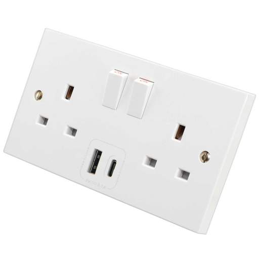 M2 Square 13A 2 Gang Switched Socket with 1 x Type A and 1 x Type C USB Outlet White