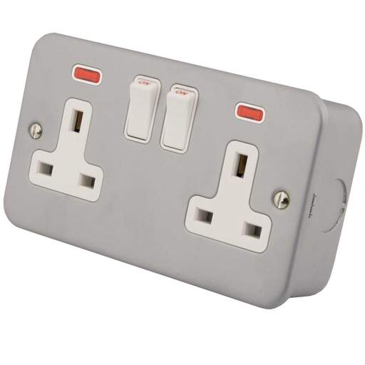 M2 Metal 13A SP 2 Gang Switched Socket with Neon Metal Clad
