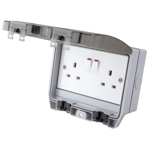 M2 Weatherproof 13A 2 Gang Switched Socket with Clear Lid IP66