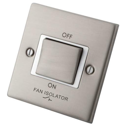 M2 Decorative 10A Triple Pole Fan Isolator White Insert Brushed Stainless Steel
