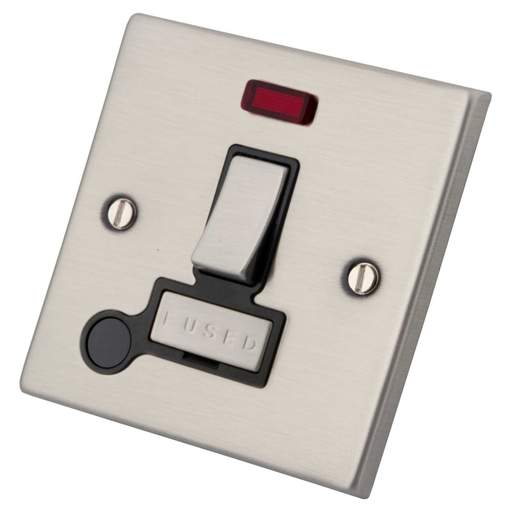 M2 Decorative 13A Switched Fused Spur with Neon F/Outlet Black Insert Brushed Stainless Steel