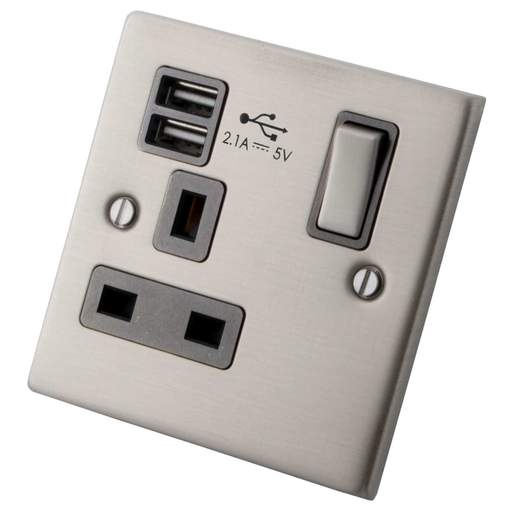 M2 Decorative 13A 1 Gang Switched Socket with USB Outlet Brushed Stainless Steel